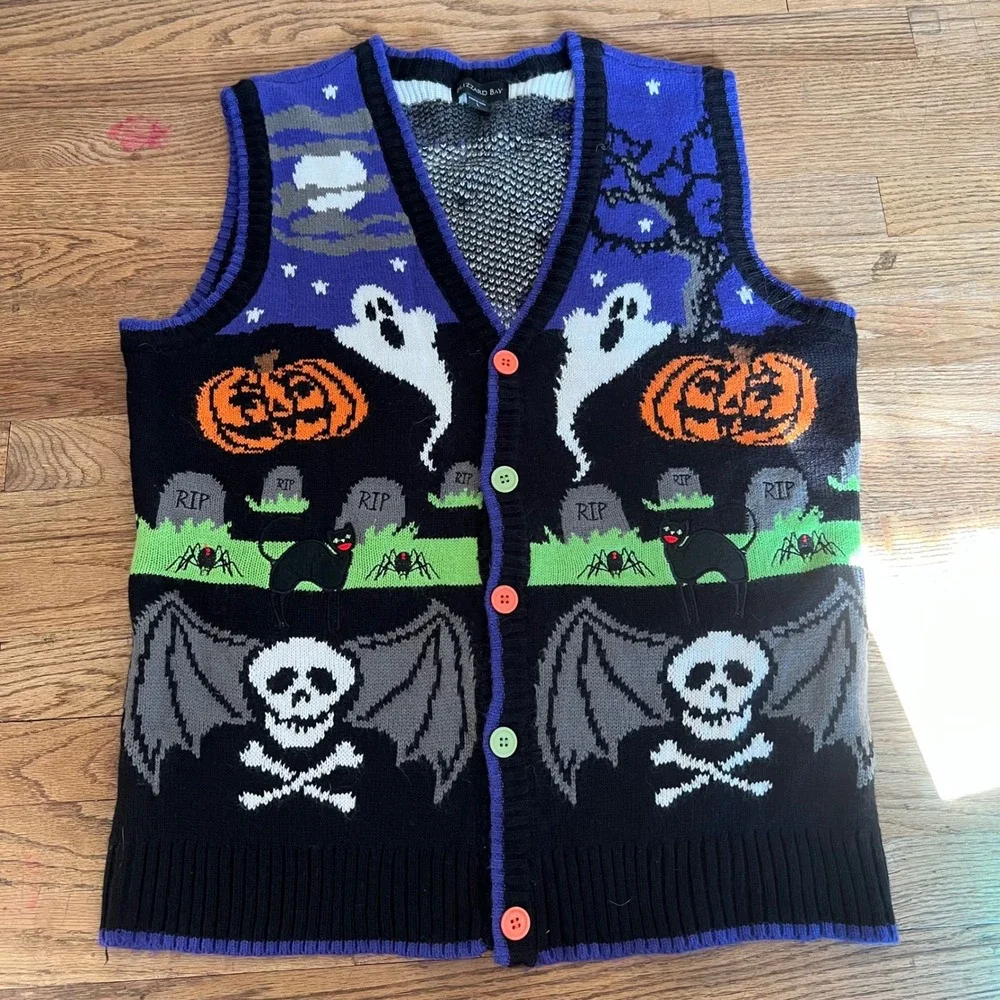 Blizzard Bay Halloween Sweater Vest Unisex Large Graveyard Ghost Pumpkin Skull L